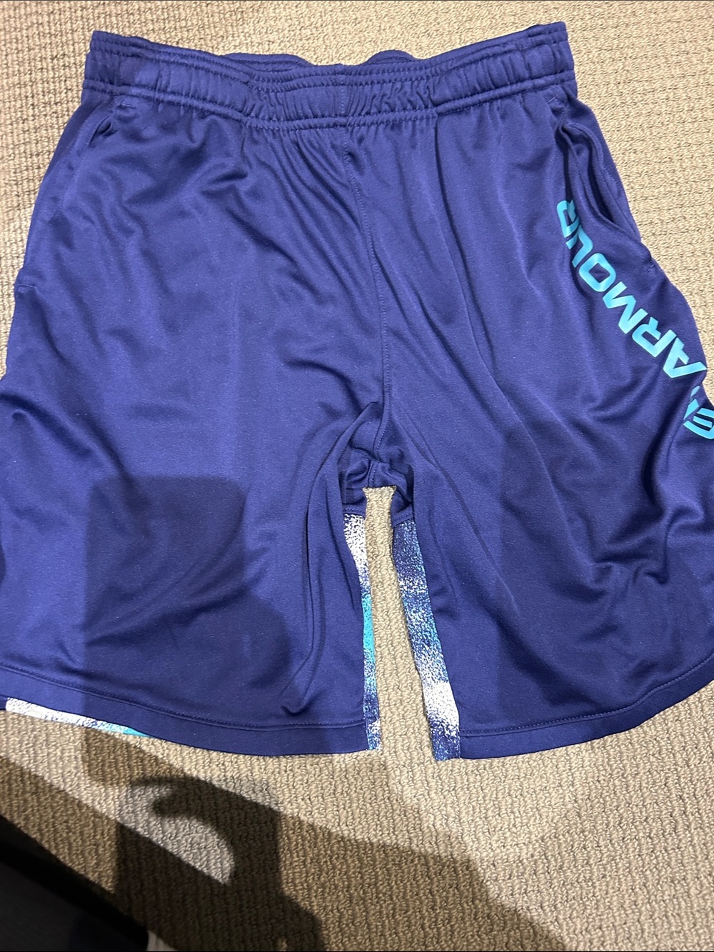 Under Armour Men's Deep Blue Athletic Shorts with Aqua Logo
